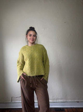 MOD REF Limoncello textured knit sweater, cozy pullover with intricate patterns, soft fabric, and a vibrant lemon color.