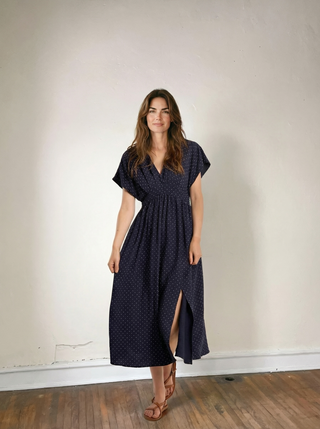 Navy Polka Dot V Neck Maxi Dress