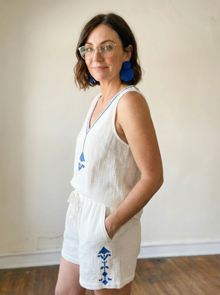 Embroidered Cotton Drawstring Shorts