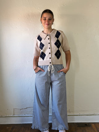 ENTRO Prep School Argyle short sleeve cardigan with classic argyle pattern and button closure, suitable for school uniforms.