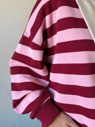 LSKT Fireside Stripe Pique Top by SHE + SKY in garnet and pink, featuring a stylish striped design and casual fit.