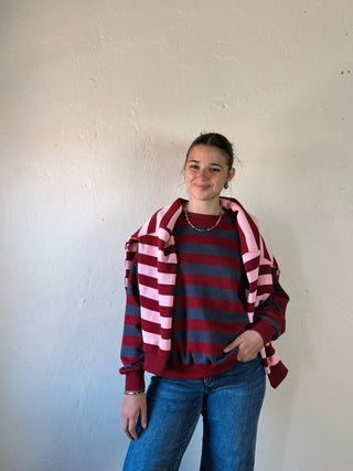 She + Sky Fireside Stripe Pique Top in wine and charcoal, showcasing a stylish, textured knit design with a classic stripe pattern.