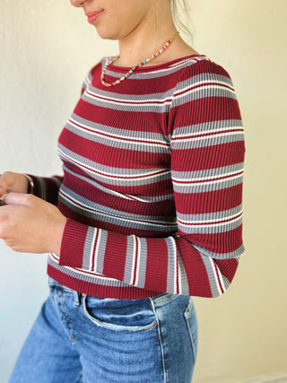 Burgundy Everyday Stripe Boat Neck Pullover by THE WORKSHOP STUDIO, LGSLV, featuring a classic stripe pattern and boat neckline.