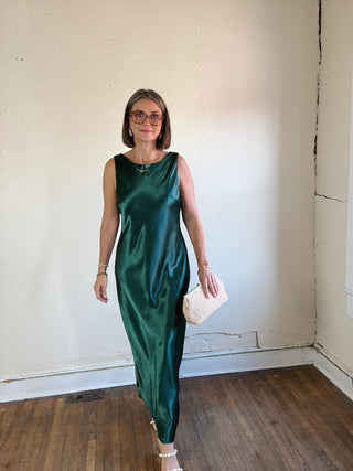 Midnight Cowl Back Satin Maxi Dress | Emerald