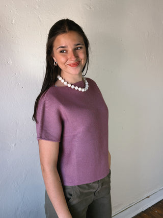 Deep Fig Ribbed Short Sleeve Knit Top