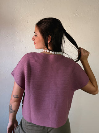 Deep Fig Ribbed Short Sleeve Knit Top