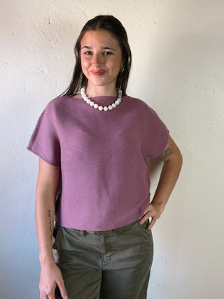 Deep Fig Ribbed Short Sleeve Knit Top