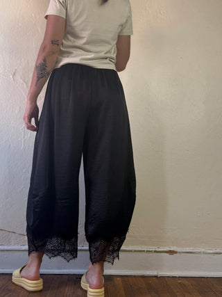 Lace Trim Satin Barrel Pants | Black