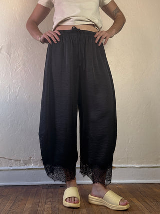 Lace Trim Satin Barrel Pants | Black