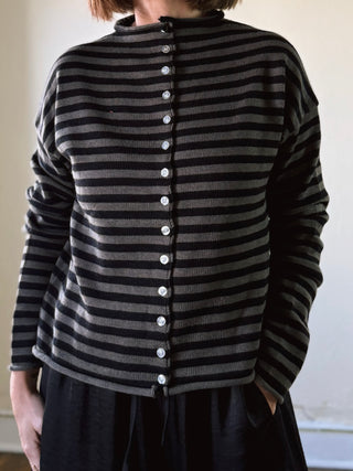 Elina Striped Collar Knit Top | Black/Olive