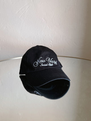 Black FASHION CITY New York Social Club embroidery baseball cap with text design, adjustable strap, and curved brim.