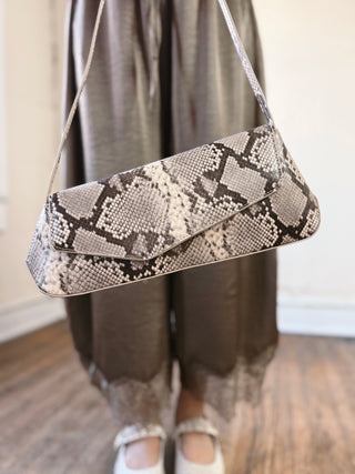 Snake Embossed Baguette Shoulder Bag