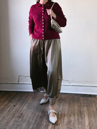 Lace Trim Satin Barrel Pants | Olive