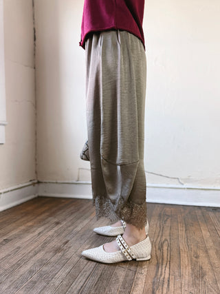Lace Trim Satin Barrel Pants | Olive