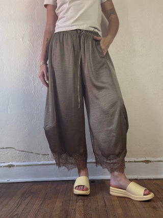 Lace Trim Satin Barrel Pants | Olive