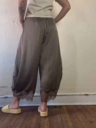 Lace Trim Satin Barrel Pants | Olive