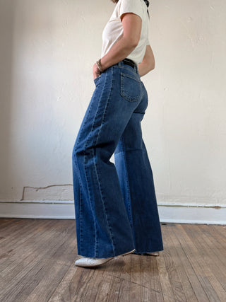 High Rise Side Panel Wide Leg Jeans | Medium Wash