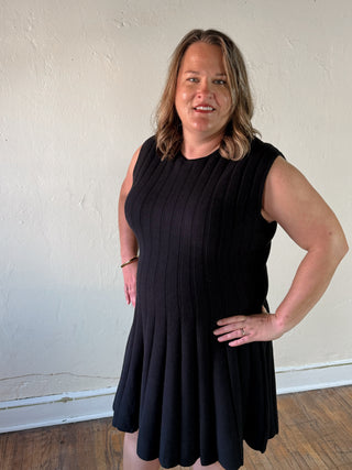 SHE + SKY extended size sleeveless flare sweater dress in a simple front view