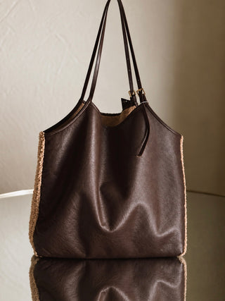 Urban Expressions Beau shearling trim tote bag in tan with plush trim and structured handles