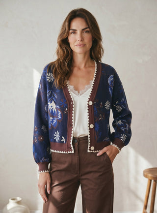 SKIES ARE BLUE Midnight Bloom Intarsia cardigan with floral pattern, soft knit fabric, and button closure, styled on a hanger.