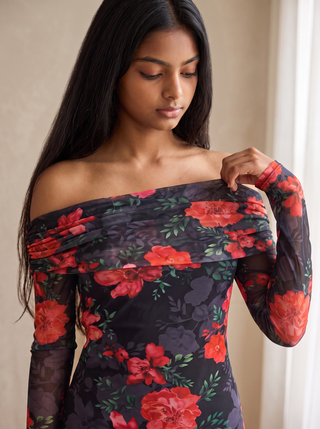 Midnight Bloom Off Shoulder Mesh Maxi Dress