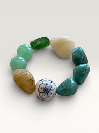 Mixed Green Resin and Porcelain Stretch Bracelet