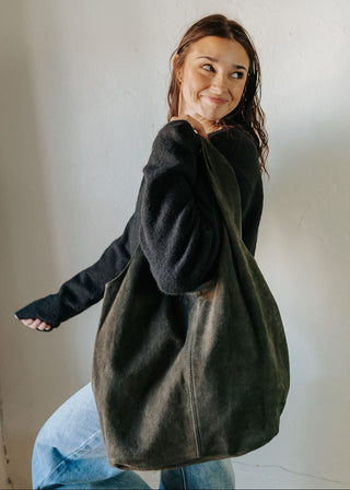 Giannina Suede Leather Shoulder Bag | Military Green