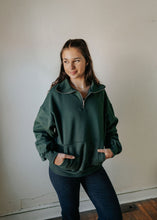 Load image into Gallery viewer, Woman wearing a green pullover with a zipper against a plain wall.
