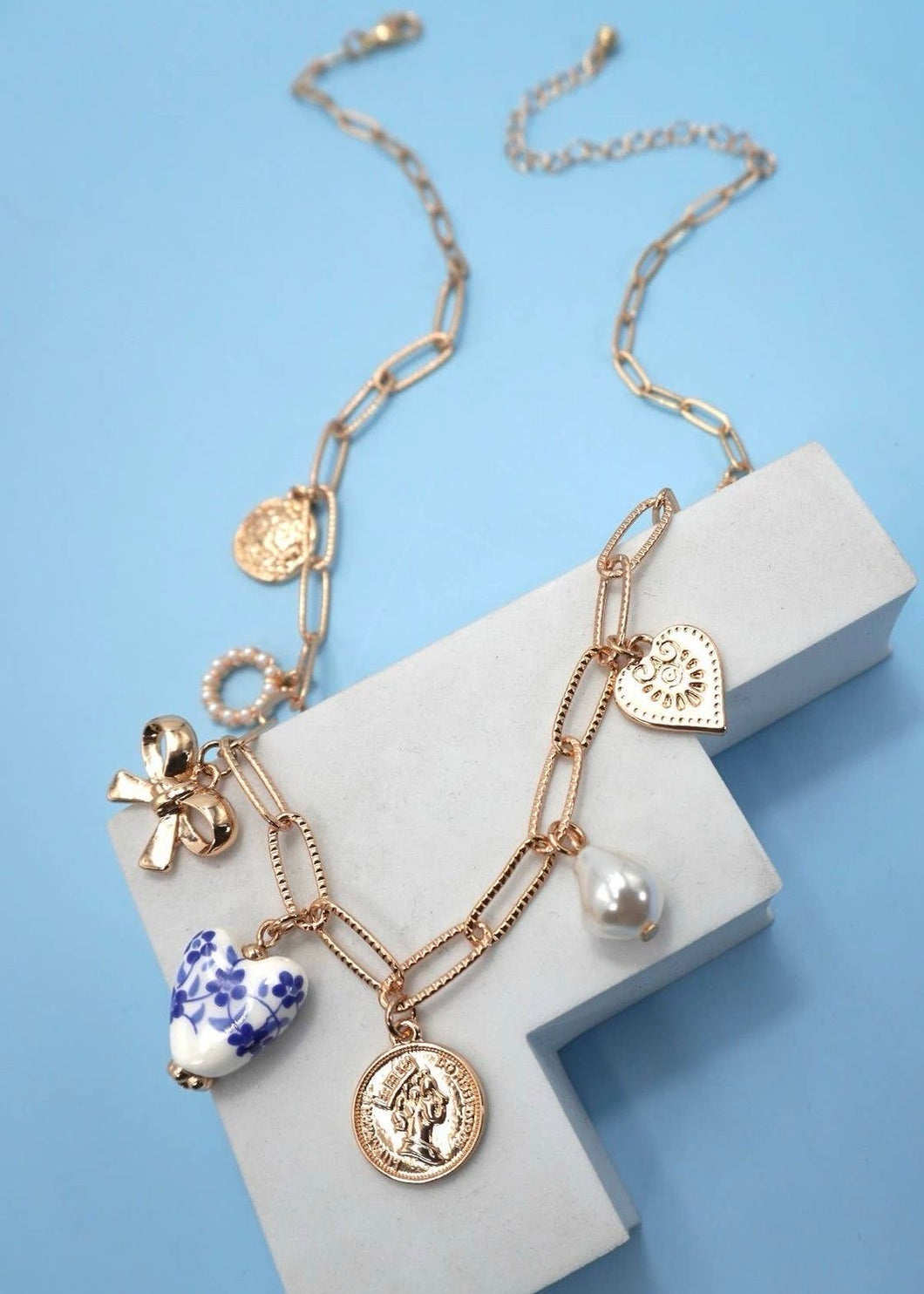 Ceramic Porcelain Bow Heart Charm Necklace