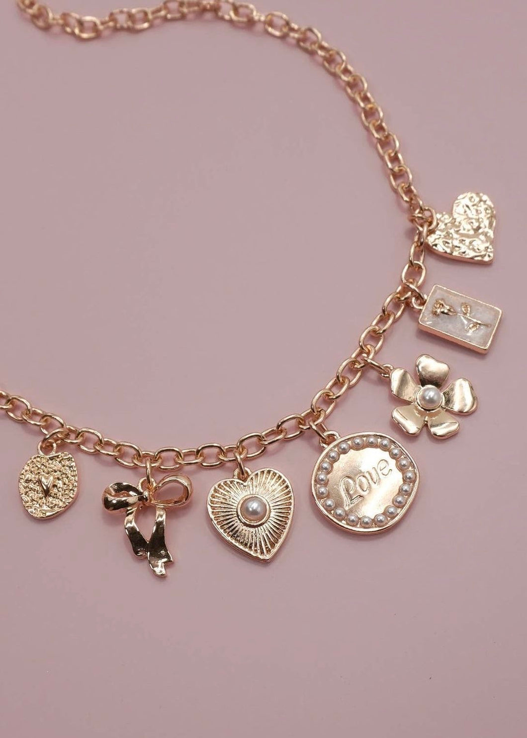 Bow Love Flower Heart Charm Necklace