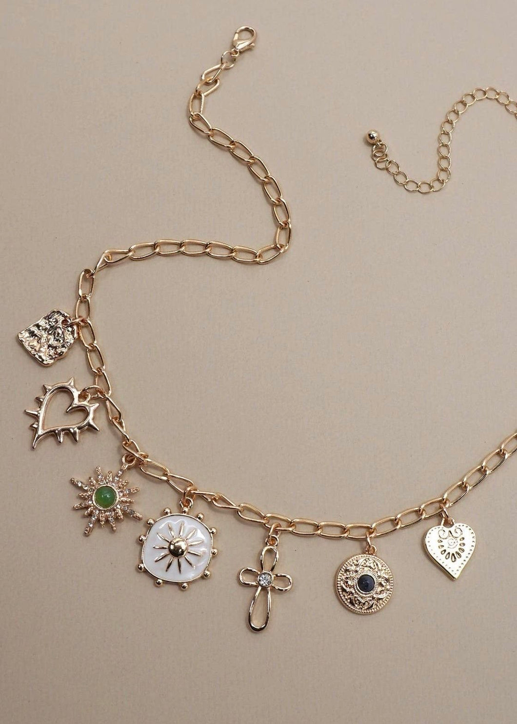 Heart Cross Sunburst Charm Necklace