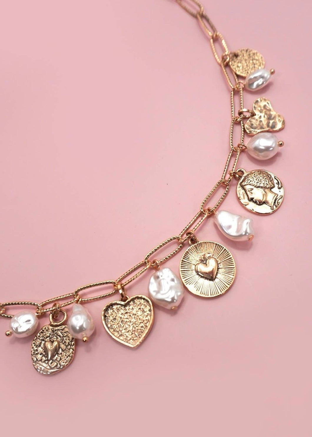 Heart Pearl Coin Charm Necklace