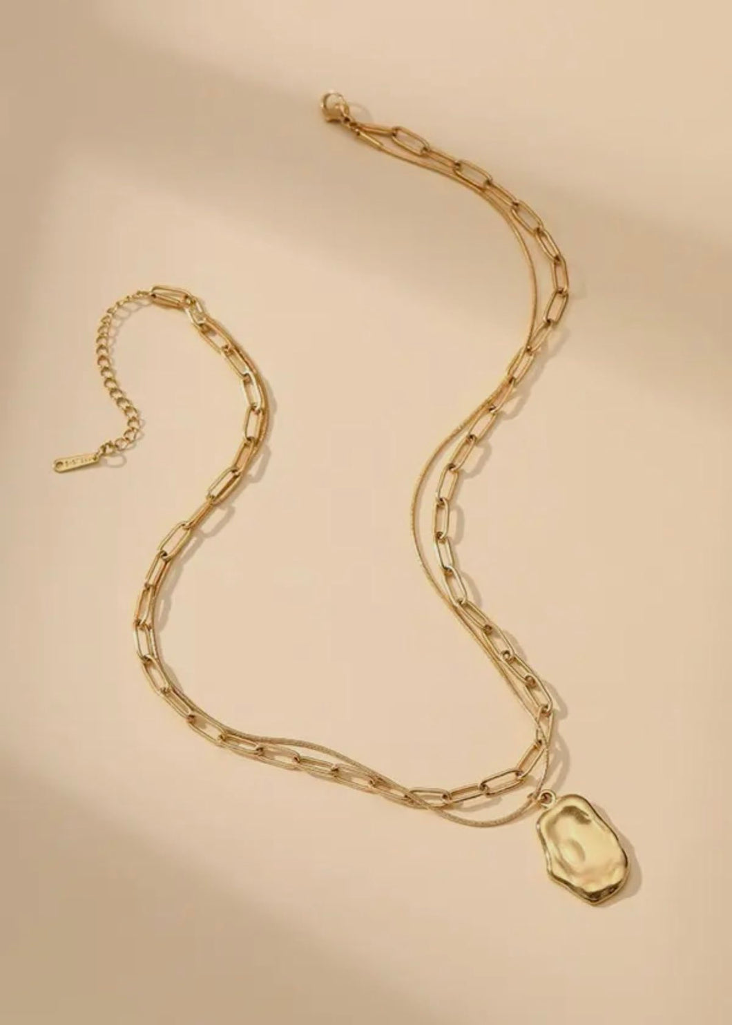 18K Stainless Steel Hammered Pendant Layered Necklace