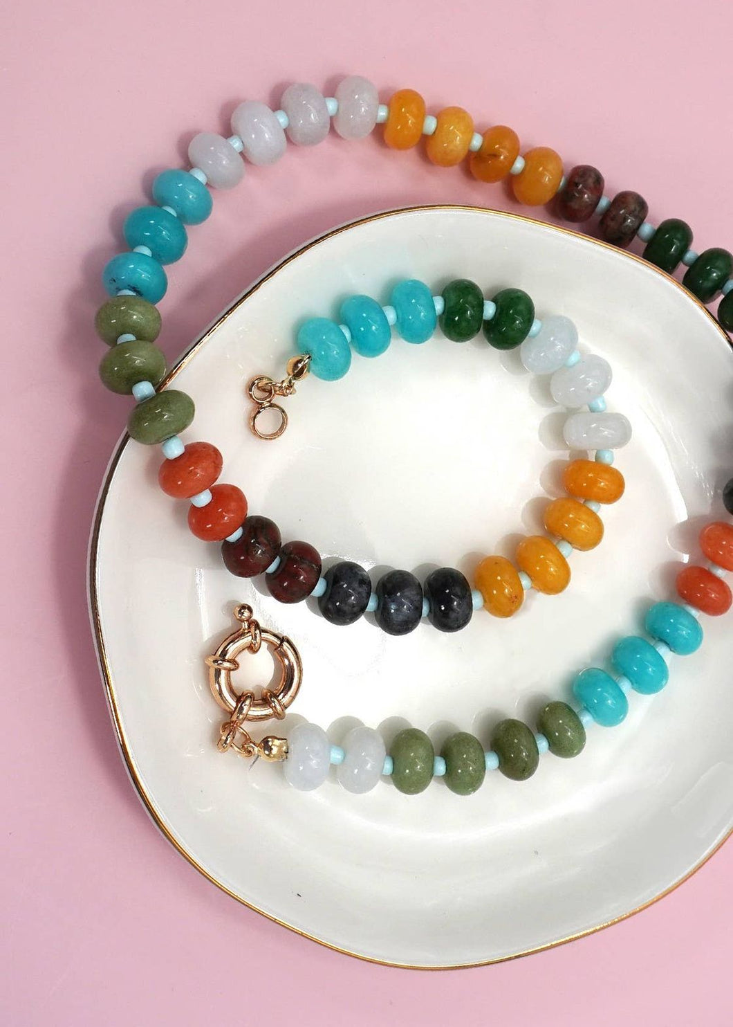 Natural Stone Charm Spring Clasp Beaded Necklace | Mint