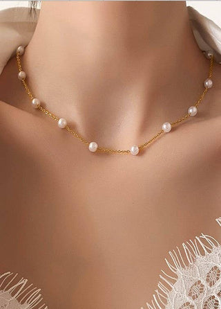 Titanium Steel Non-Tarnish Pearl Station Necklace