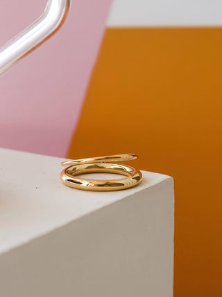 18K double band Harvey ring by Flânerie by Maiq, showcasing a sleek gold design with intricate band details.