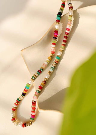 Sunny non-tarnish boho beaded necklace by FLÂNERIE BY MAIQ with colorful beads and adjustable cord, boho style jewelry.