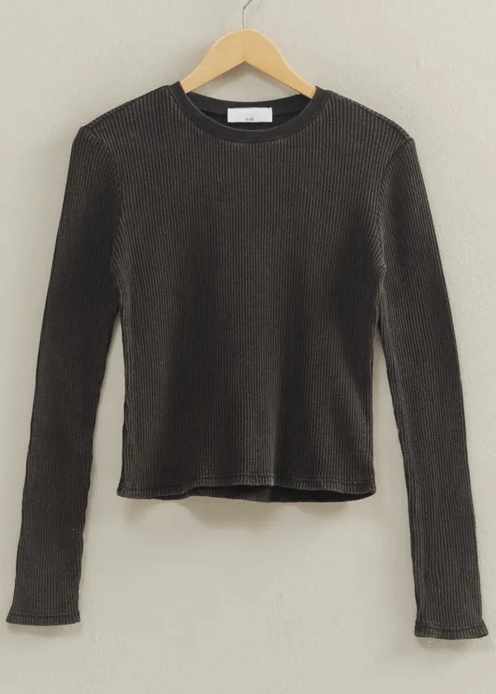Mineral Wash Waffle Knit Long Sleeve Top | Black