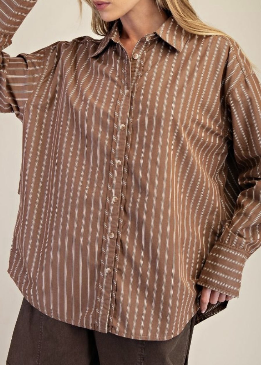 Coffee Stripe Cotton Button Down Shirt