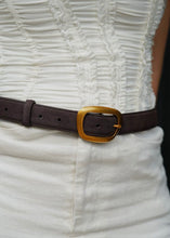 Load image into Gallery viewer, Chocolate Suede Belt with Asymmetrical Gold Buckle
