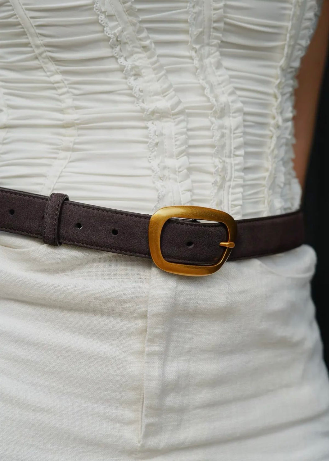 Chocolate Suede Belt with Asymmetrical Gold Buckle