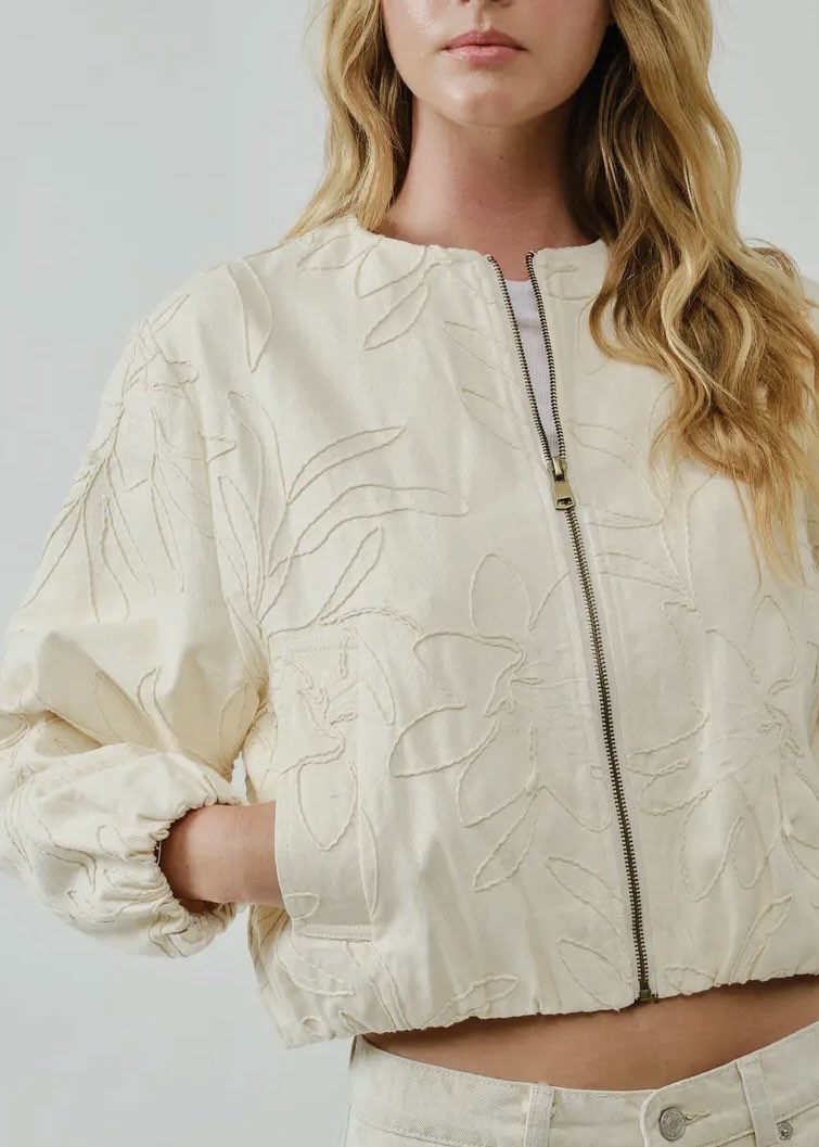 Ivory Embroidered Denim Bomber Jacket