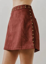 Load image into Gallery viewer, Suede Mini Skirt W/Brass Studs
