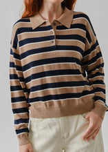 Load image into Gallery viewer, Stripe Polo Sweater | Tan &amp; Navy
