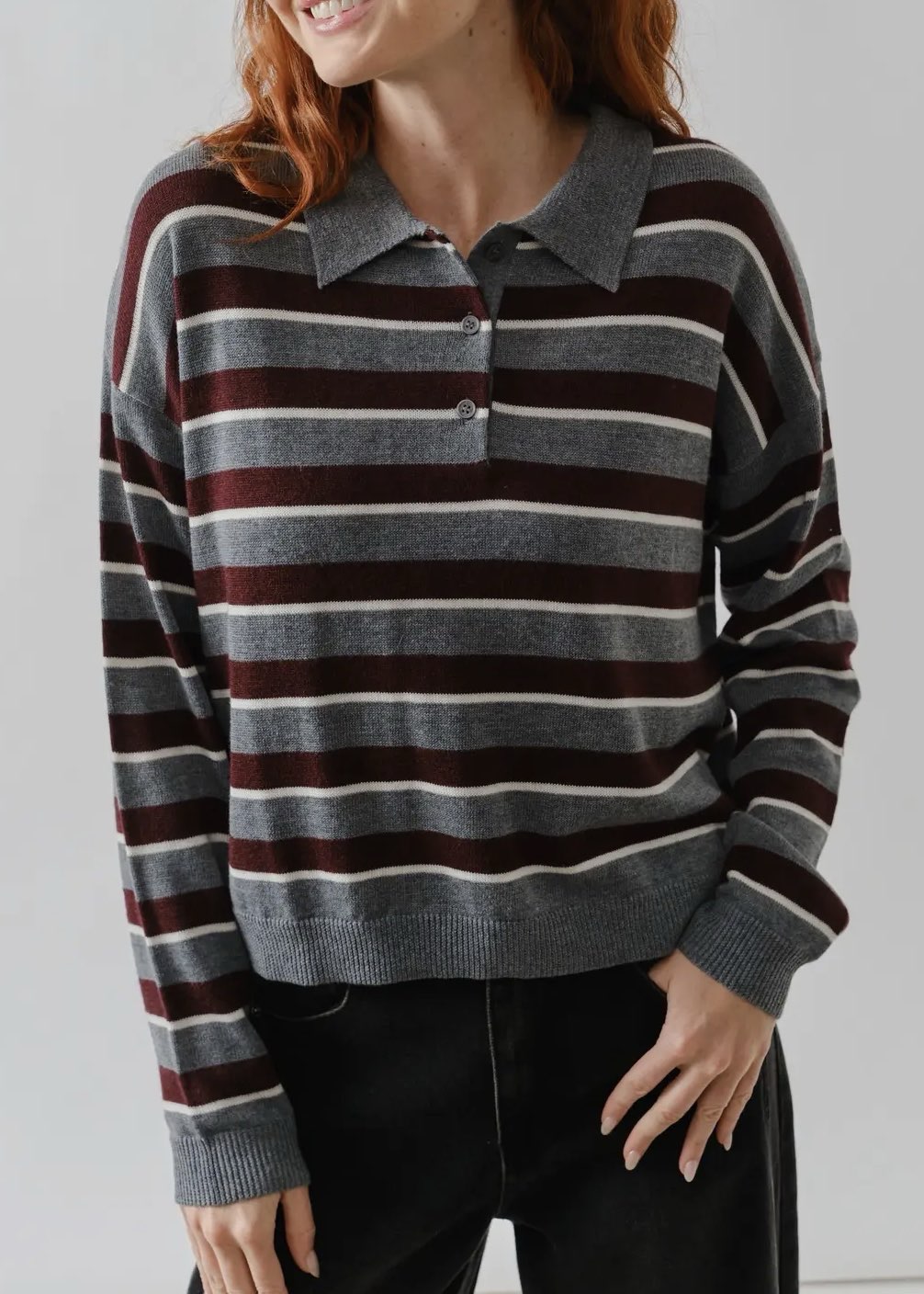 Stripe Polo Sweater | Grey & Burgundy
