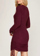 Load image into Gallery viewer, Long Sleeve Ruched Knit Dress | Wine
