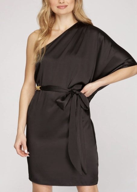 One Shoulder Satin Dolman Sleeve Dress