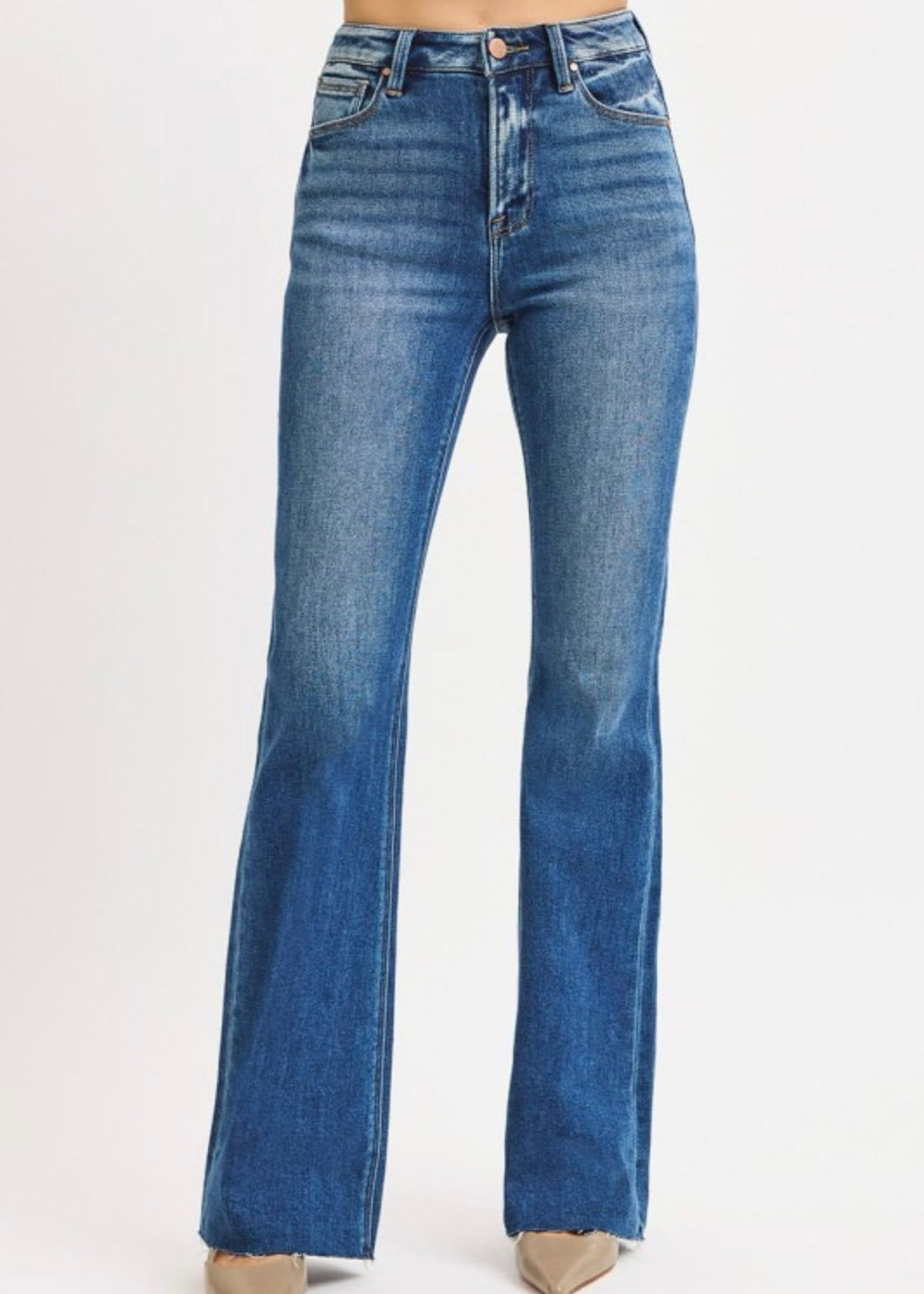 Extended Size Risen Raw Hem High Rise Flare Jeans