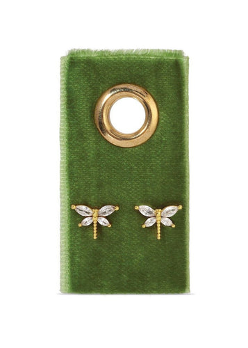 Dragonfly-shaped earrings on a green card with a gold ring
