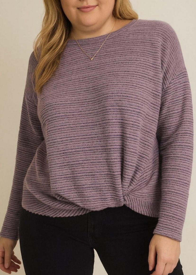 Extended Lavender Long Sleeve Bottom Twist Stripe Rib Top
